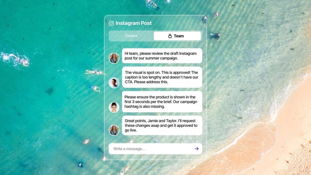 Team discussing feedback for a instagram post on the Vamp platform